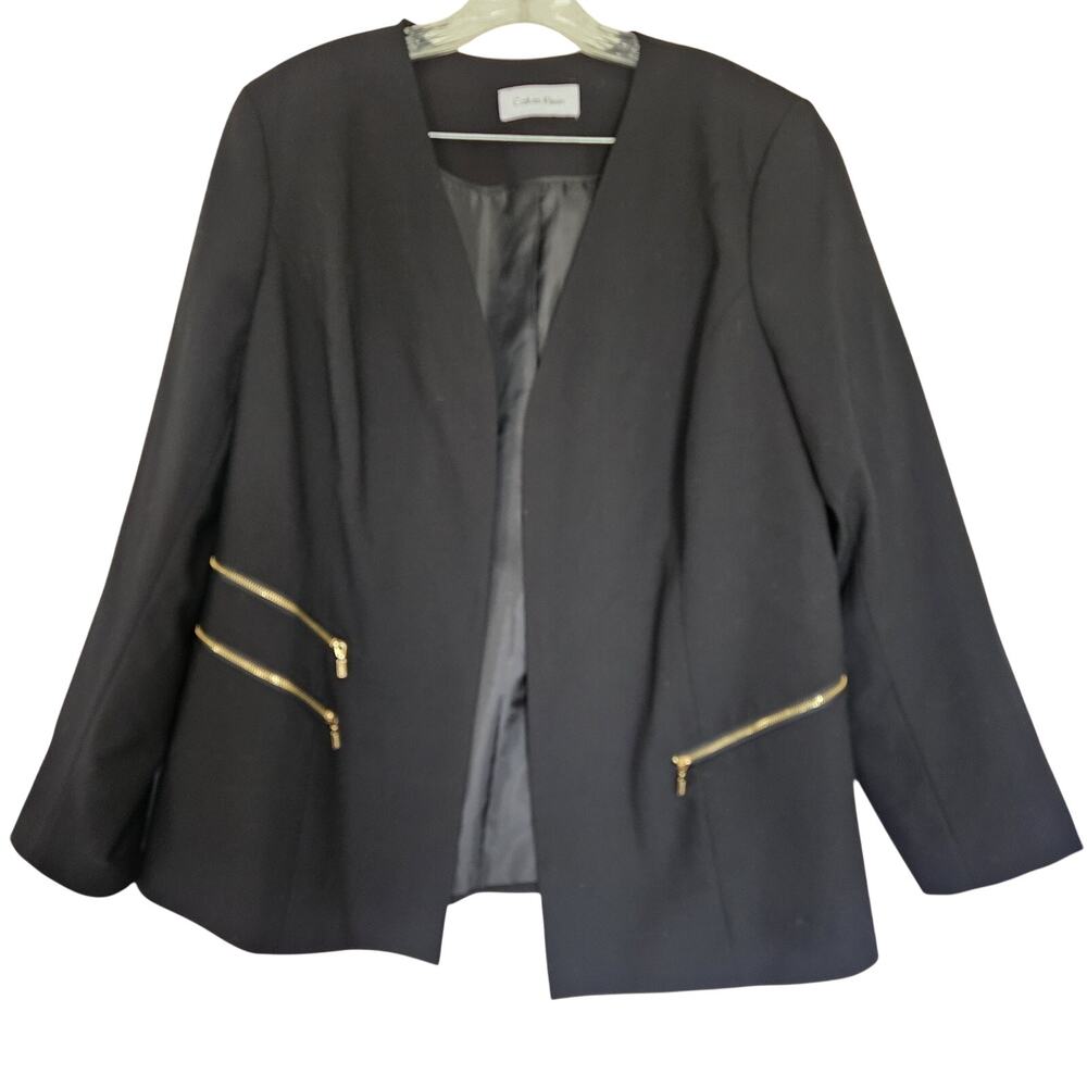 Calvin Klein Women Black Blazer 16W Open Front Black Blazer Gold Zipper Pockets